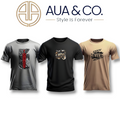 "AUA&CO Men's Summer T-shirt Bundle (3-Pack) – Cotton, DTF Print, Black, Gray, Beige"