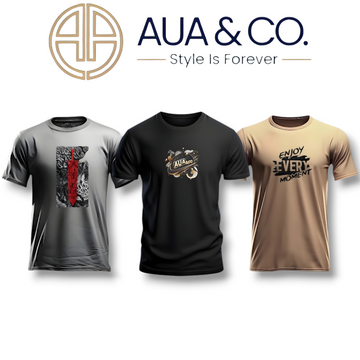 "AUA&CO Men's Summer T-shirt Bundle (3-Pack) – Soft Cotton Fabric, Stylish DTF Prints in Black, Gray, and Beige. Perfect for Summer Comfort and Style."