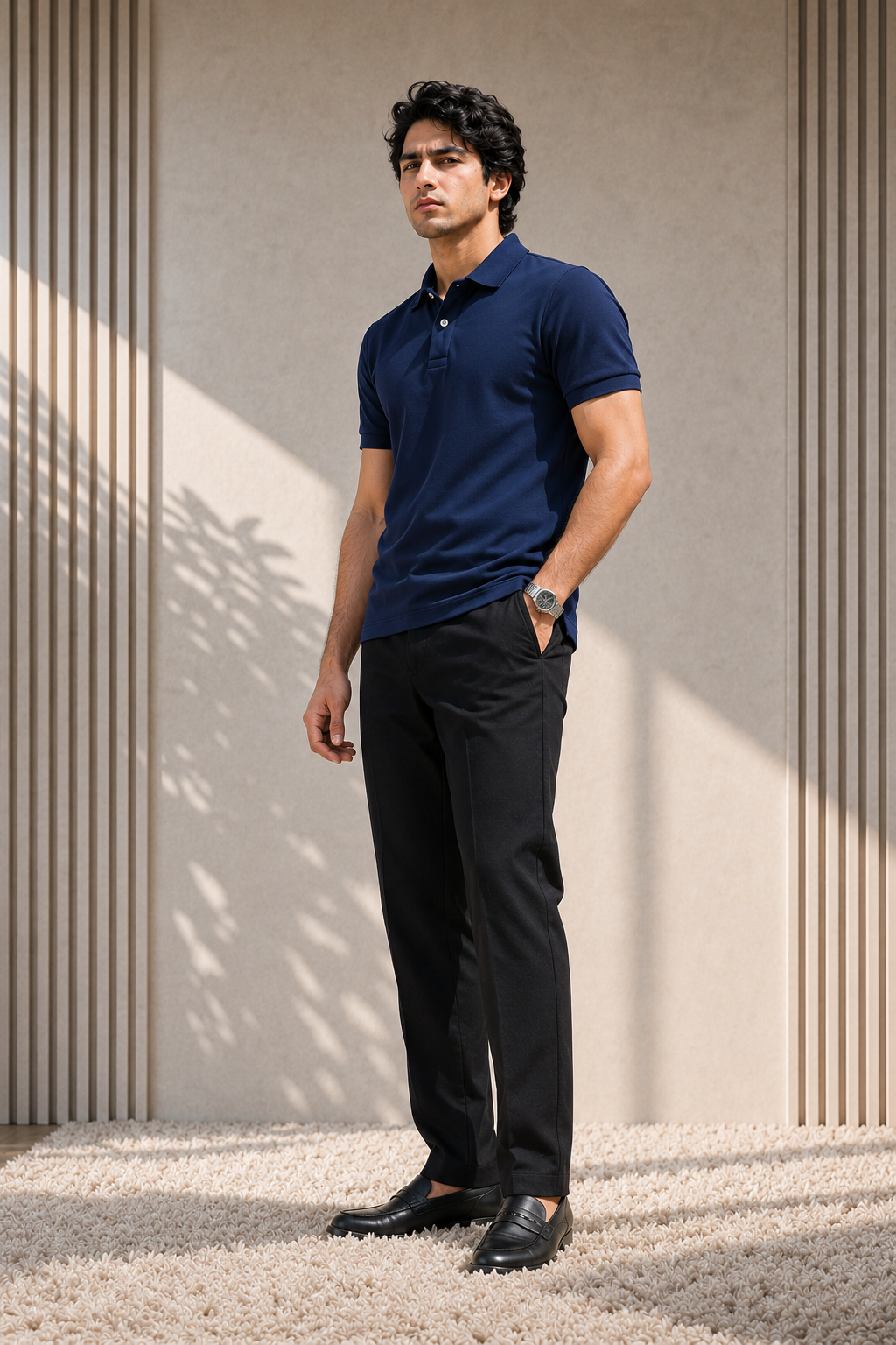 a model wear navy blue polo t shirt