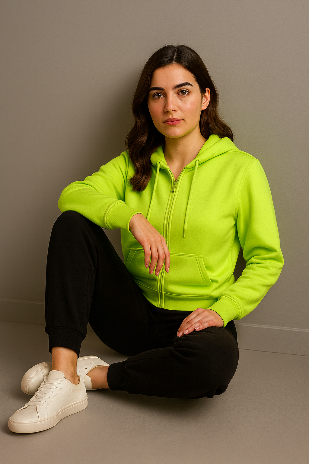 Neon green hoodie and black pants on hangers against a white background