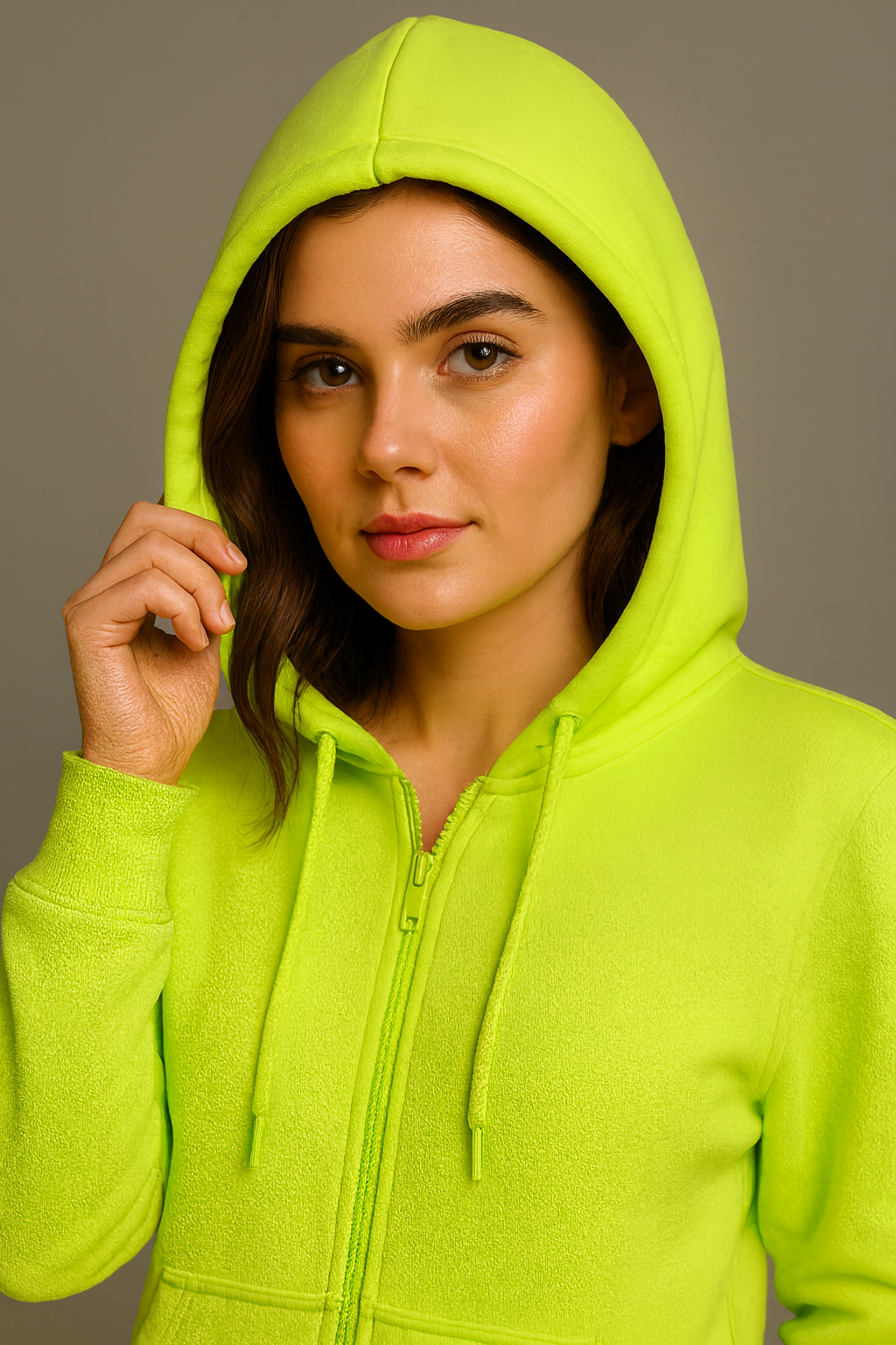 Woman wearing a bright green hoodie against a gray background