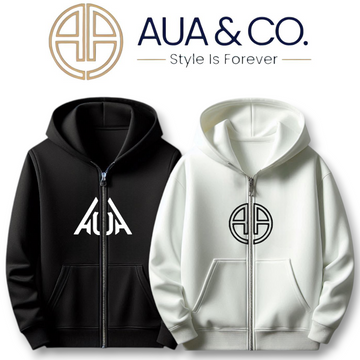 "Pack of 2 AUA&CO Men's Zipper Hoodies in Black and White with Unique Prints"