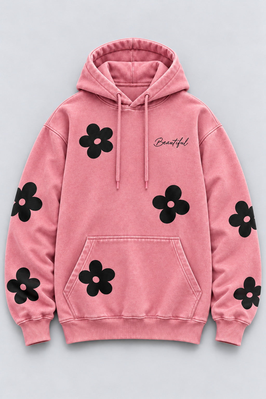 AUA&CO women's pink dye-washed oversized fleece hoodie with black floral DTF prints, front flat lay product view