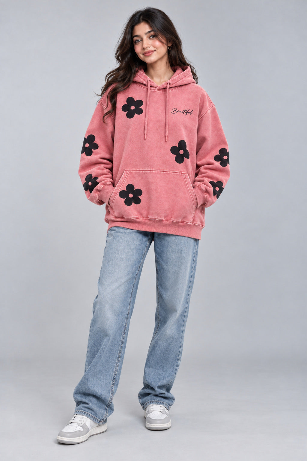 AUA&CO women's pink dye-washed oversized fleece hoodie with black floral DTF prints, front flat lay product view