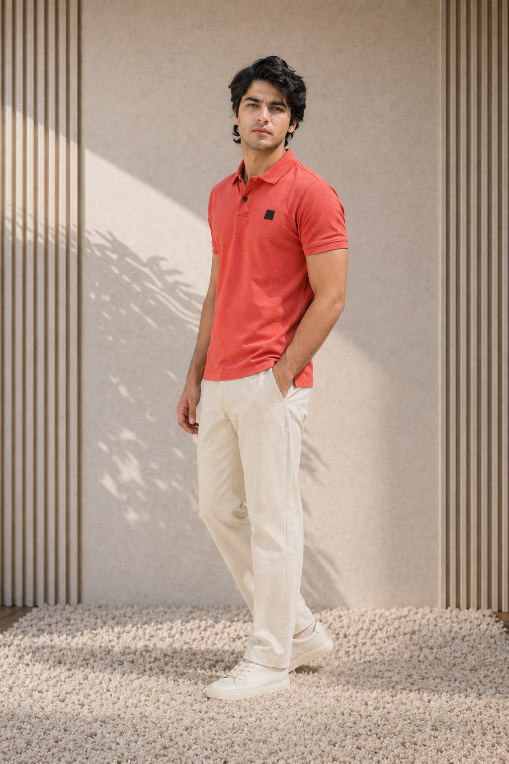 Man wearing a polo shirt and white pants standing against a textured wall.
