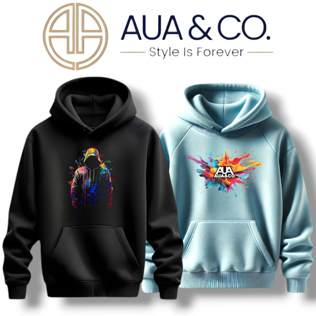 "AUA&CO Premium Fleece Hoodies in Black and Ice Blue, showcasing the AUA&CO logo, perfect for winter warmth and style."