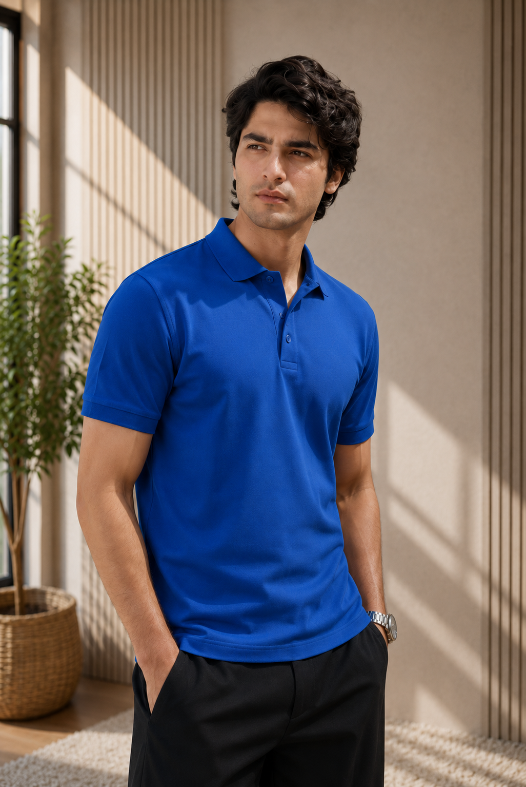 Man wearing a blue polo shirt standing indoors with sunlight filtering through.