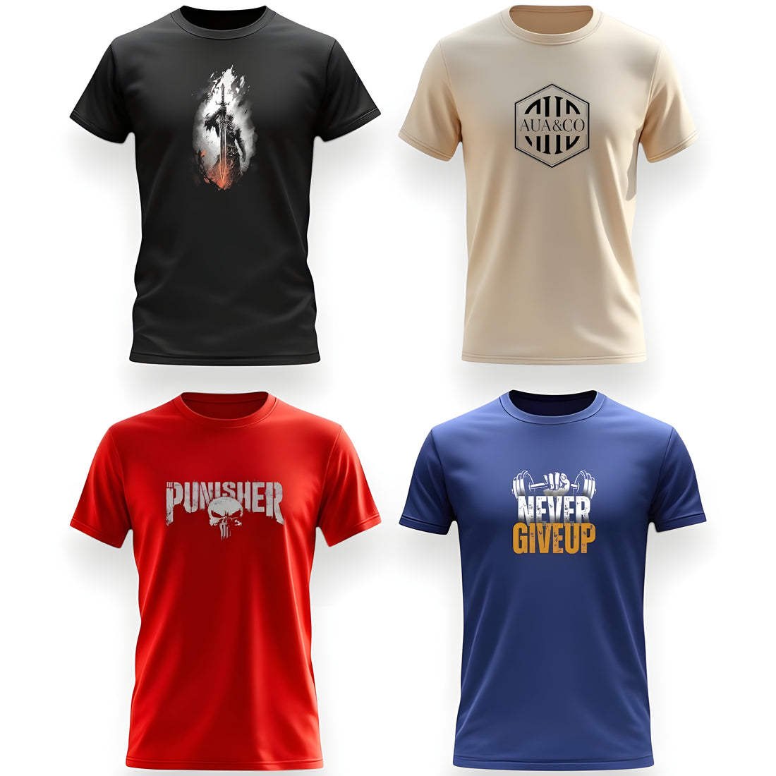 "Bundle of 4 Men's Graphic T-Shirts – AUA&CO Exclusive featuring Navy Blue, Black, Red, and Beige designs