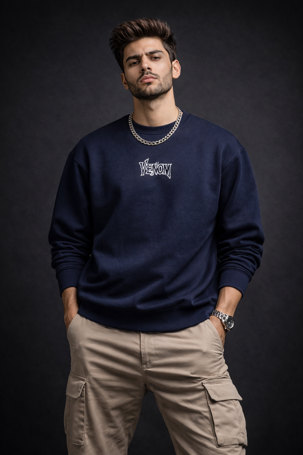 Two sweatshirts, one gray and one blue, with visible branding on a white background.