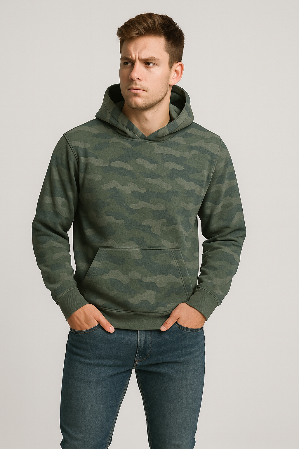 Man wearing a green camouflage hoodie and blue jeans on a light gray background
