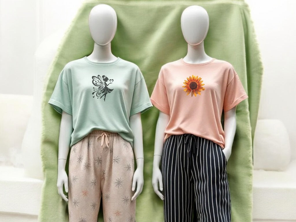 "Bundle of 2 women's summer suits featuring floral printed t-shirts with randomly paired contrast trousers, made from lightweight and breathable fabric for casual summer wear."
