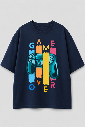 Navy blue t-shirt with colorful 'GAME OVER' graphic on a light gray background