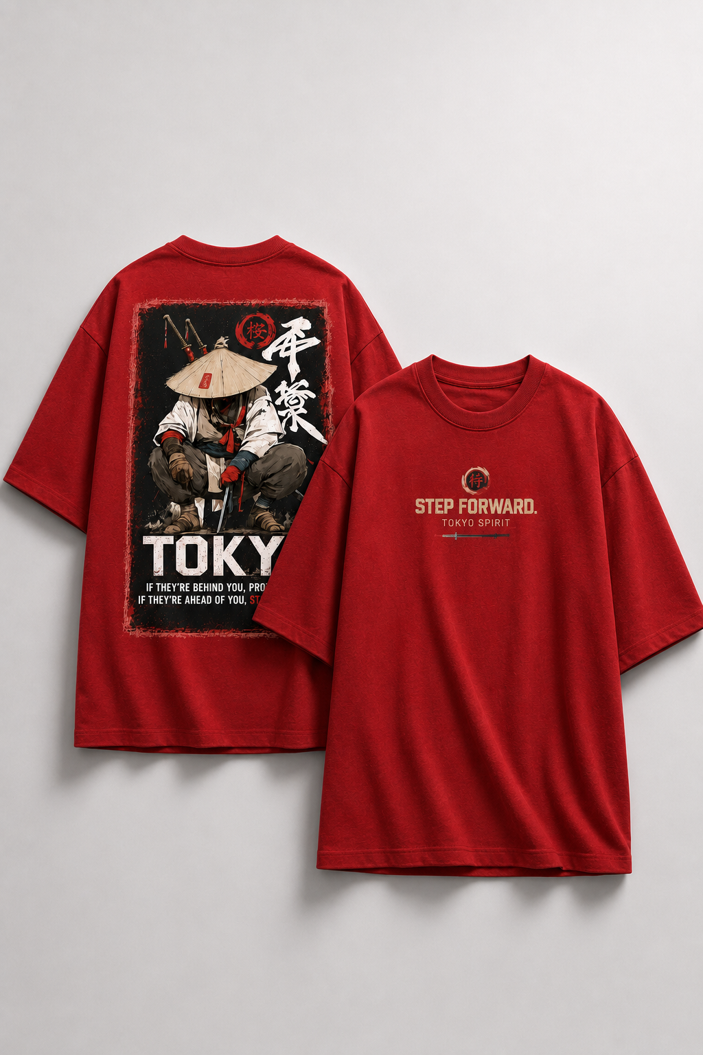 Two red short-sleeve graphic T-shirts shown on a light gray background, with the back view on the left and the front view on the right. The back features a large distressed graphic of a samurai in a conical hat with the word TOKYO and additional text.