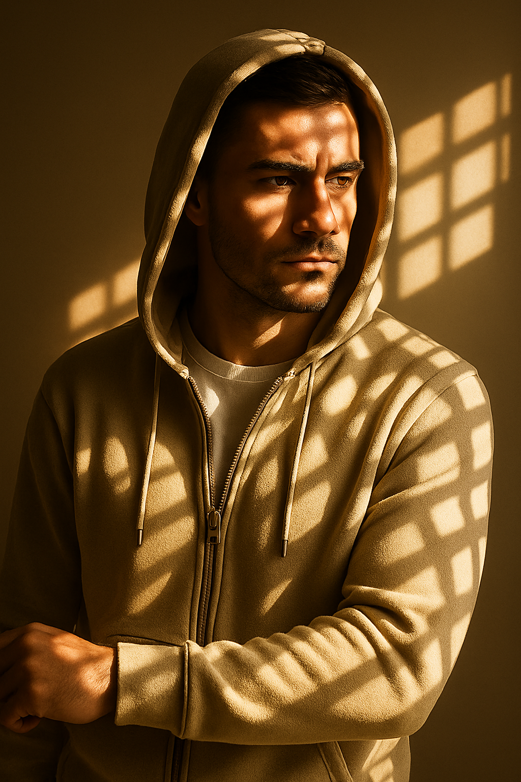 Man wearing a beige hoodie with sunlight casting shadows on a wall