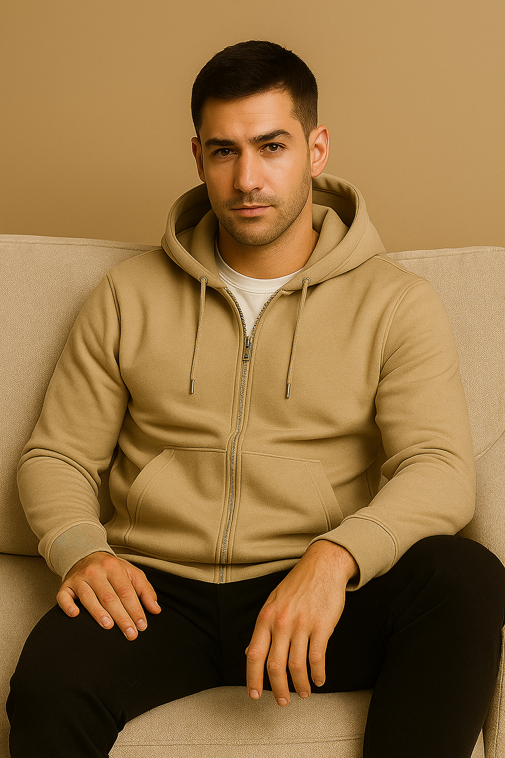 Man wearing a beige hoodie sitting on a beige couch against a beige wall