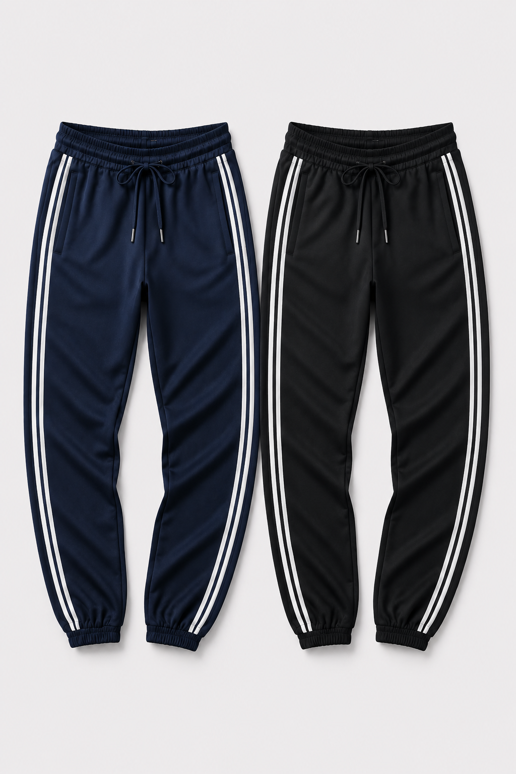 Navy and black jogger pants with white stripes on a light gray background