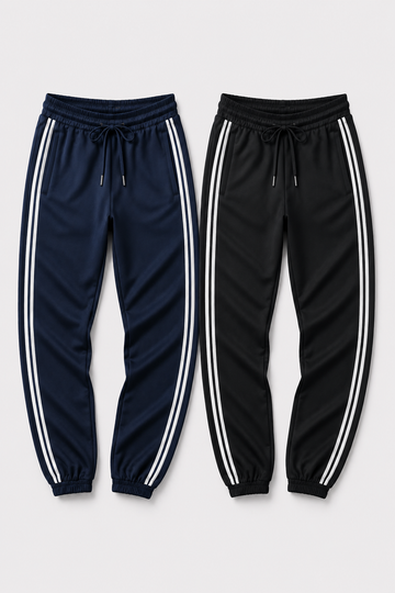 Navy and black jogger pants with white stripes on a light gray background