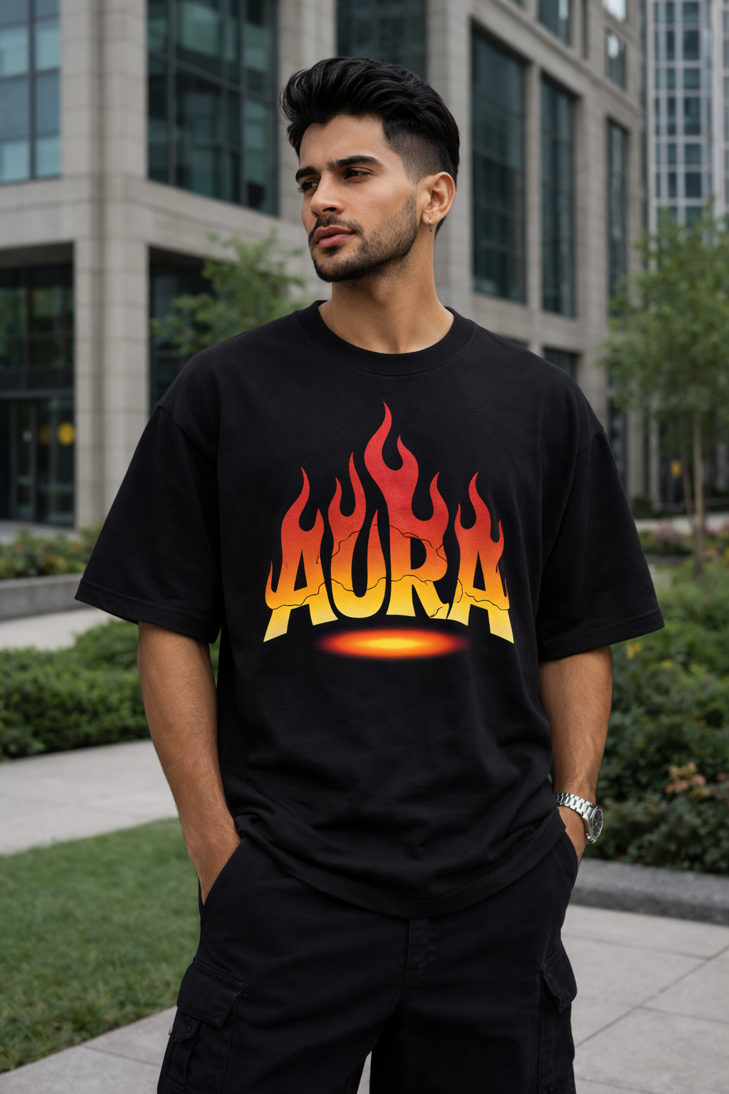 Man wearing a black t-shirt with 'Aura' design in flames, standing outdoors.