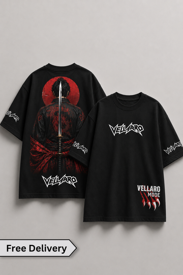 Black t-shirt with red and white graphic design on a gray background