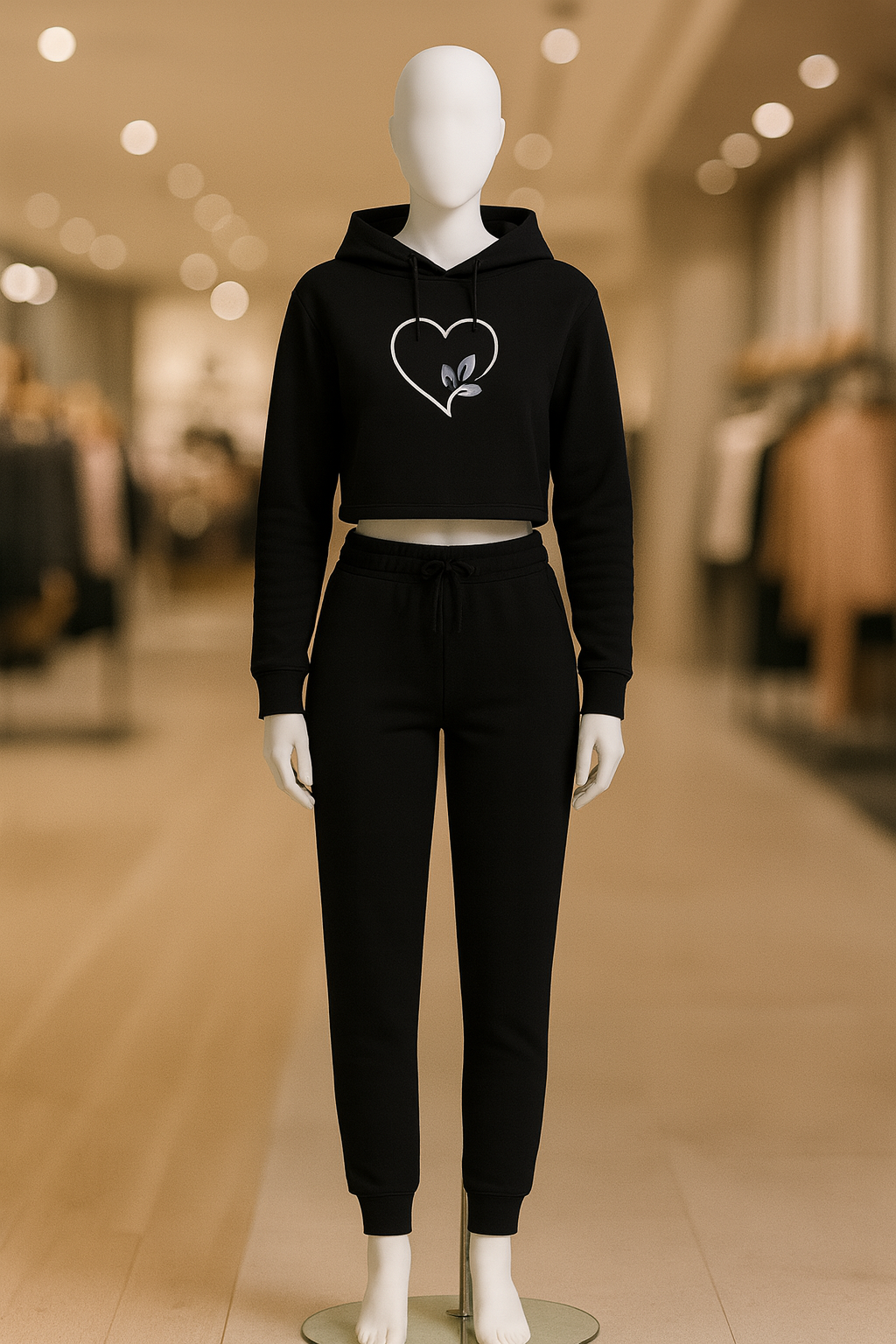 Mannequin wearing a black hoodie with a heart and leaf design in a store setting