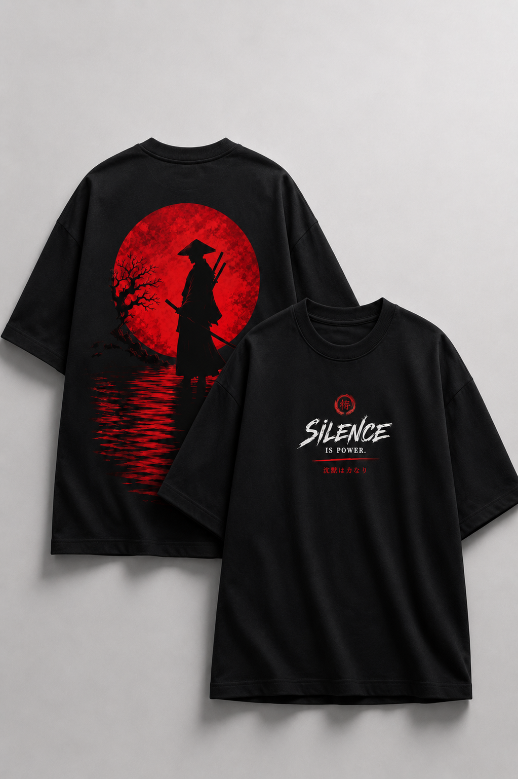 Two black short-sleeve T-shirts shown on a light gray background, one displaying a large red full moon and samurai silhouette graphic on the back, and the other showing a white and red 'SILENCE IS POWER' graphic on the front.