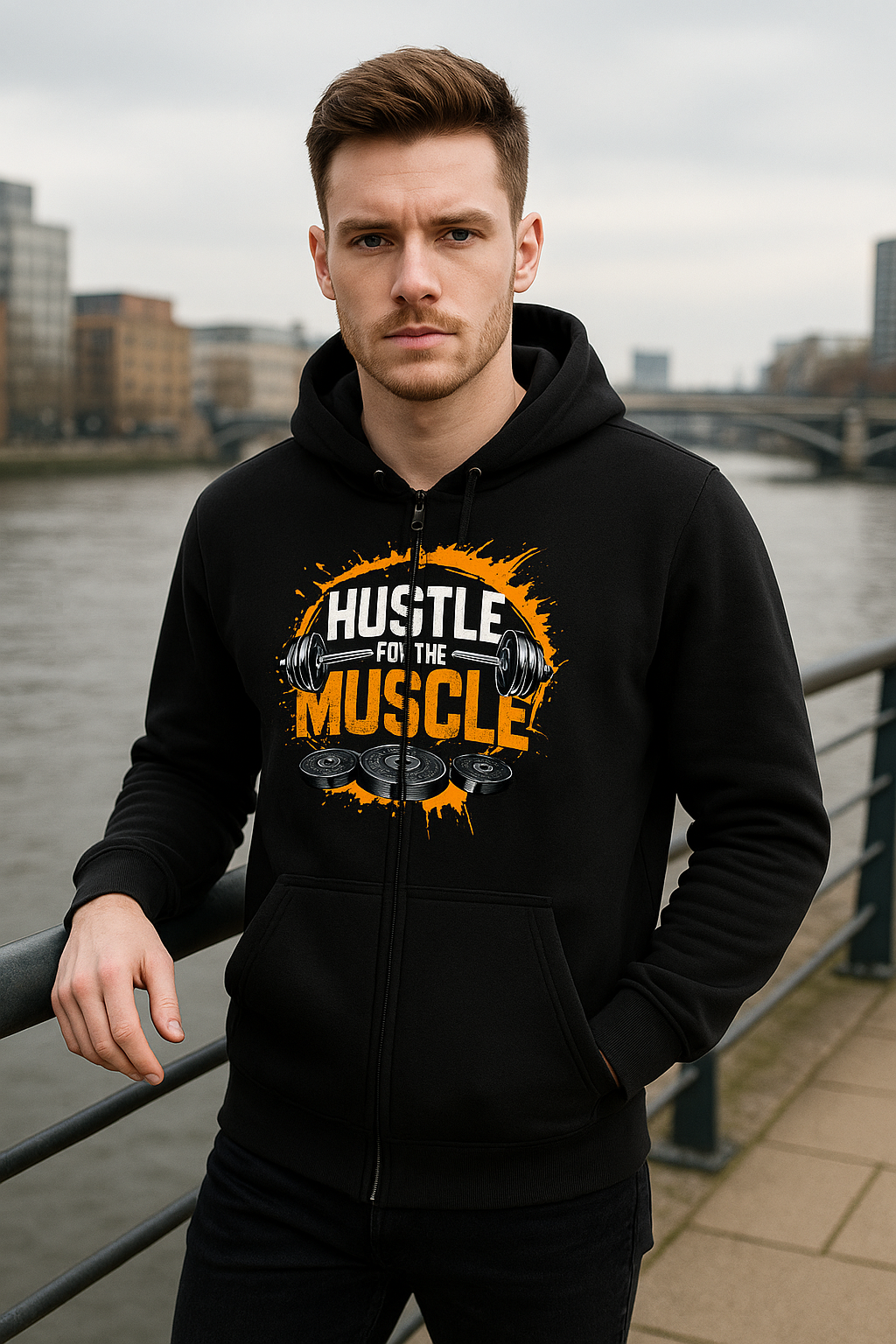 Man wearing a black hoodie with 'Hustle for the Muscle' graphic, standing by a waterfront.