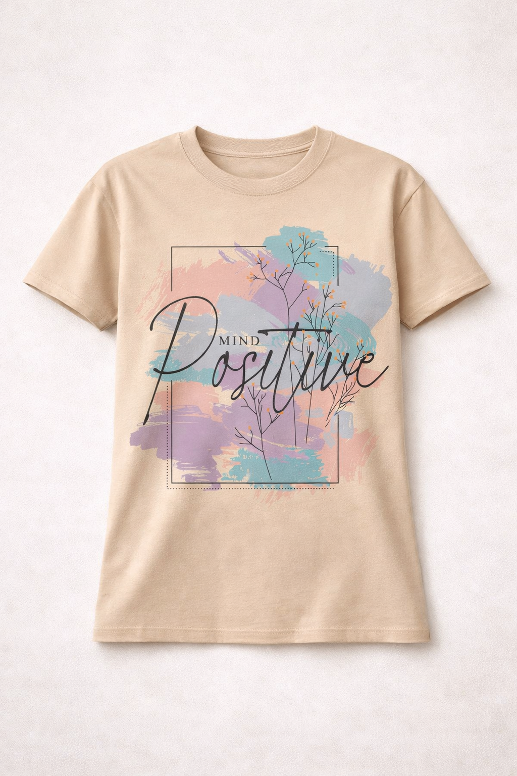 Beige t-shirt with 'Mind Positive' graphic design on a white background
