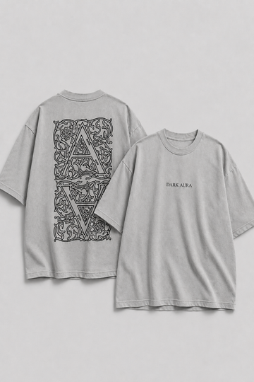 Gray t-shirt with black geometric design on front and text on back against a light gray background