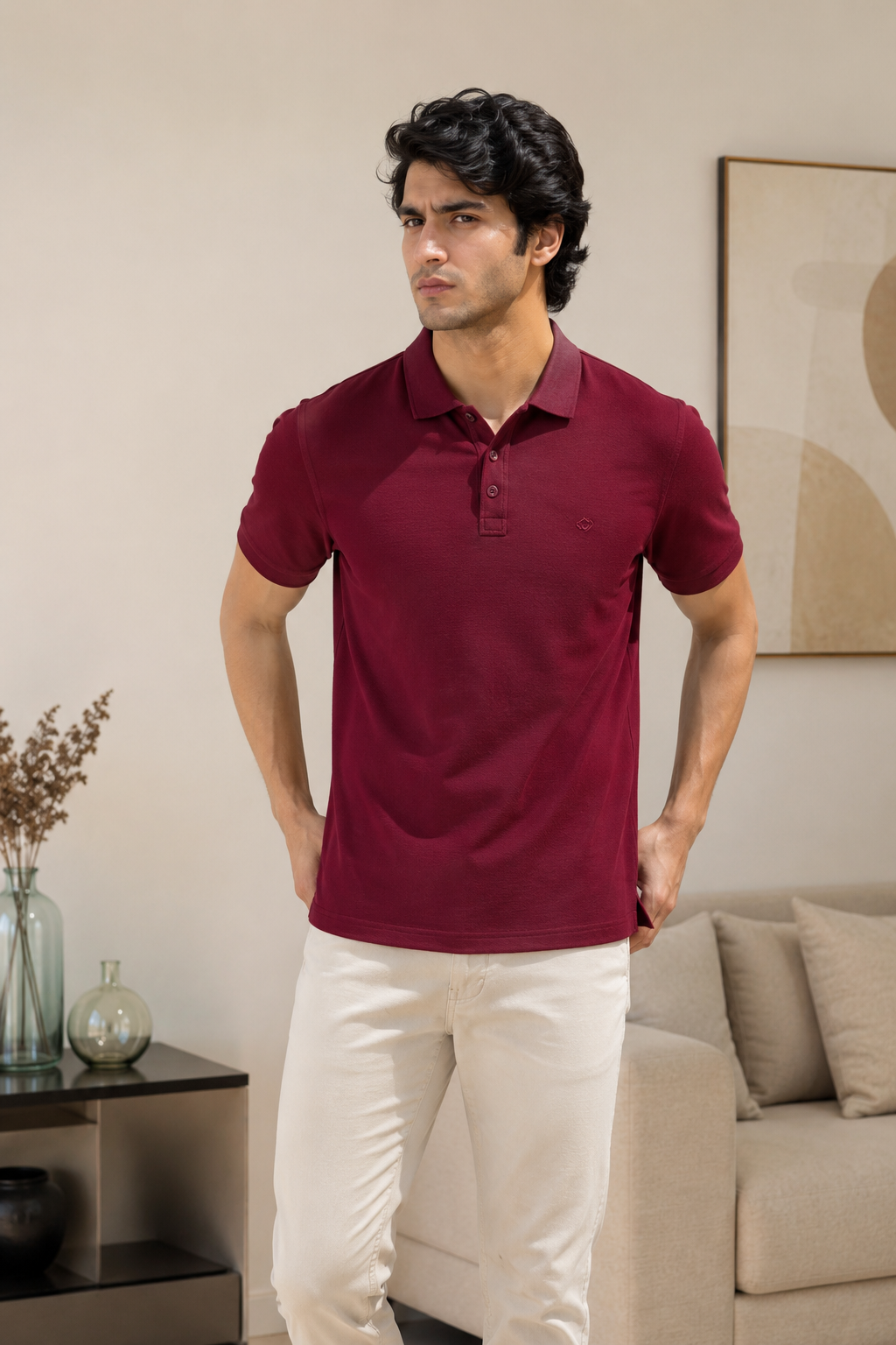 Man wearing a maroon aua and co's polo shirt and white pants in a living room setting
