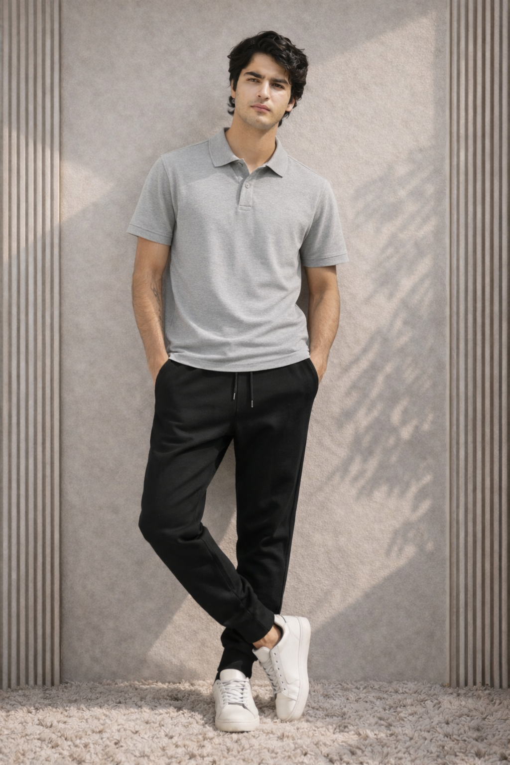 Man wearing a gray polo shirt and black pants standing against a textured wall.
