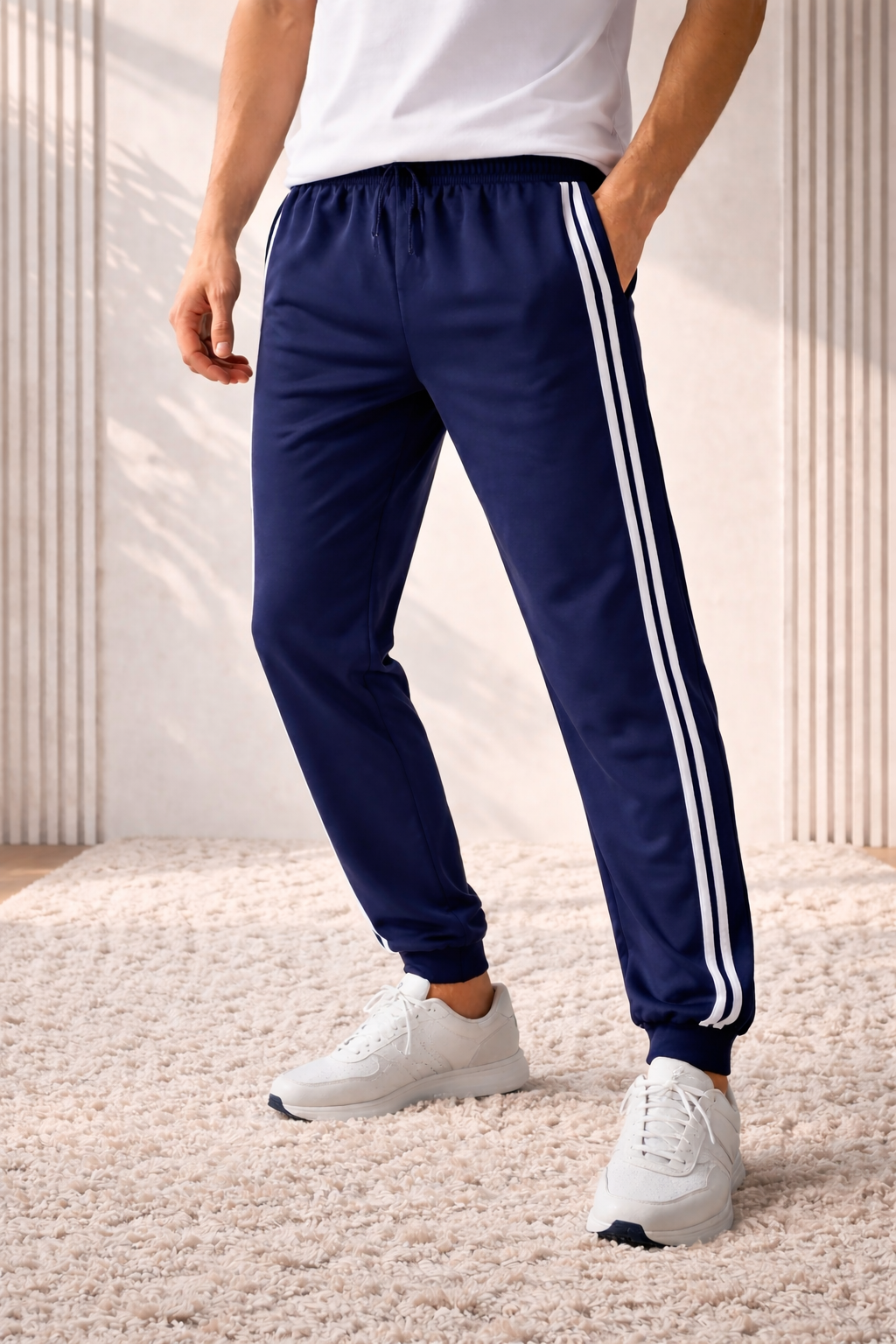 Person wearing navy track pants with white stripes and white sneakers on a light background