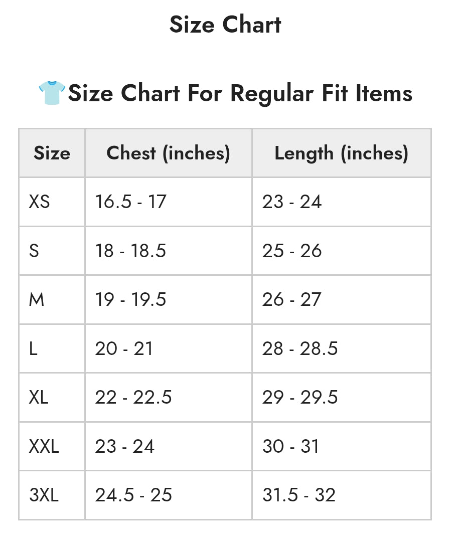 AUA&CO's Size chart for regular fit items with chest and length measurements.