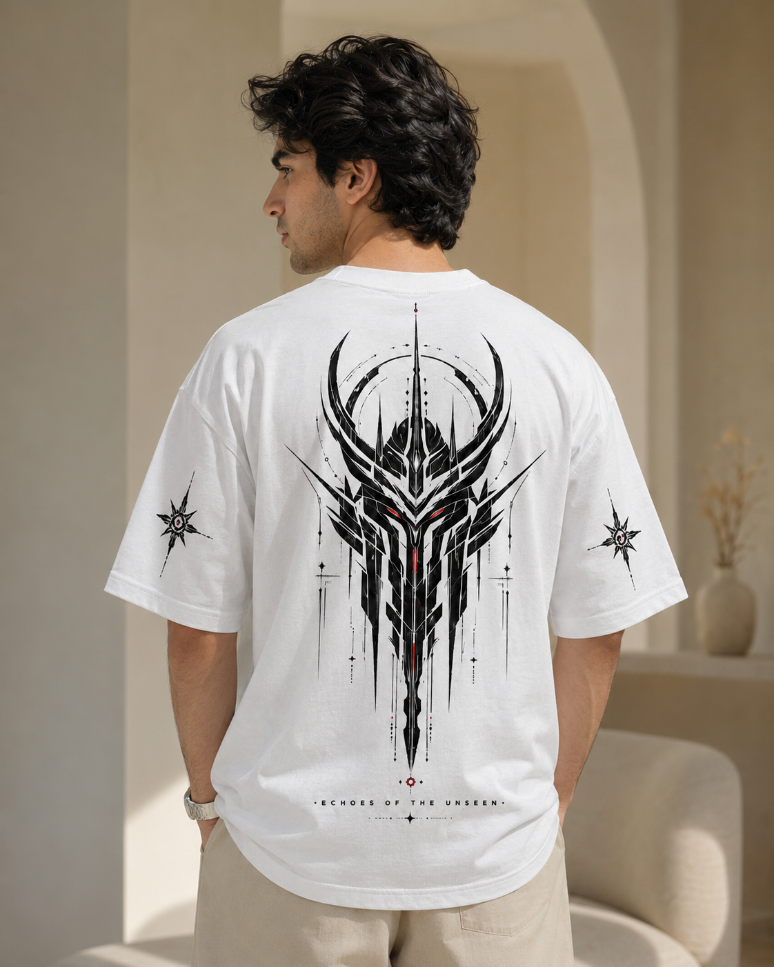 Man wearing a white t-shirt with black tribal design on the back, standing in a neutral indoor setting.