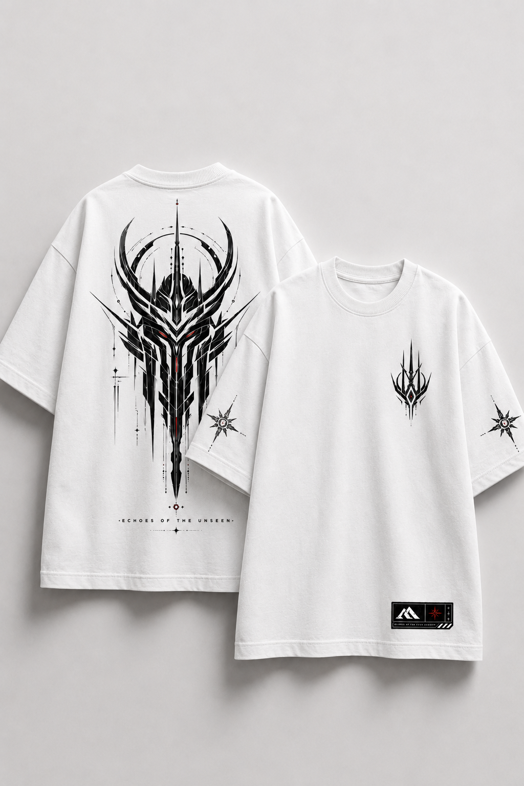 White t-shirt with black tribal design on a gray background