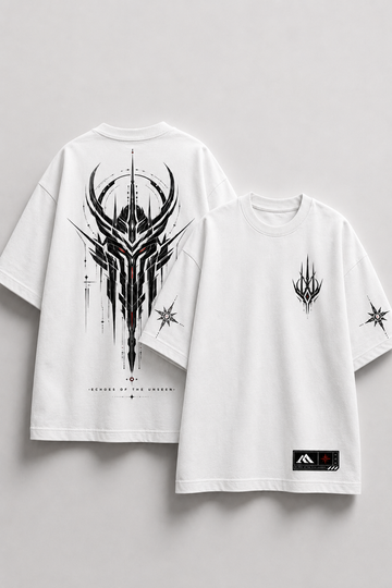 White t-shirt with black tribal design on a gray background