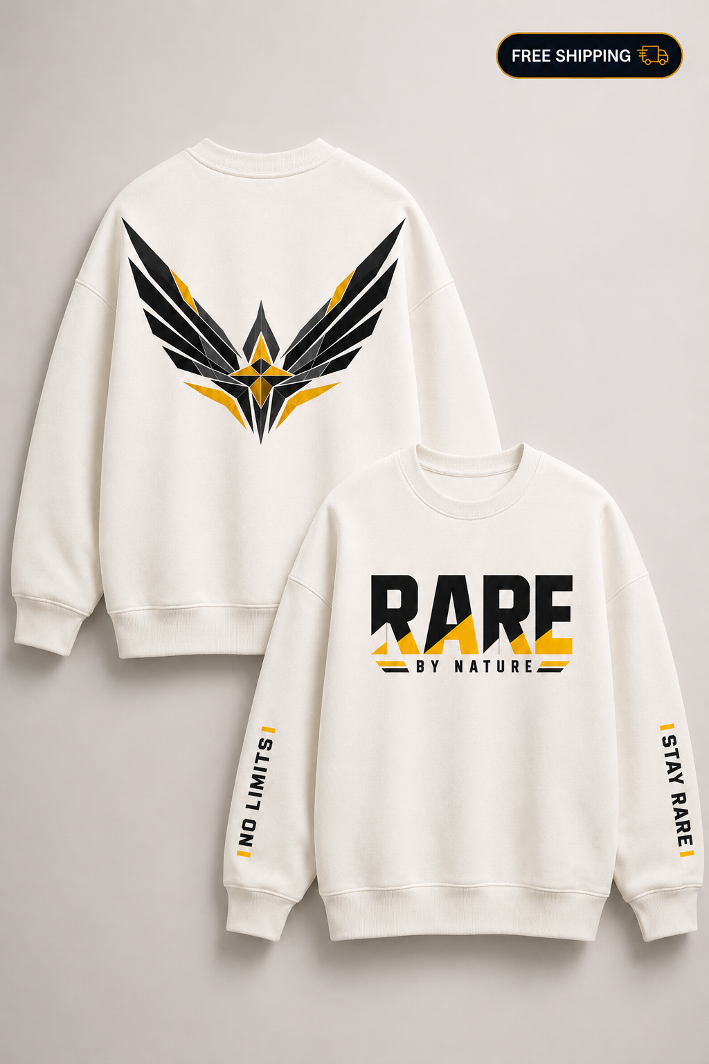 Two off-white crewneck sweatshirts shown on a light gray background, displaying the front and back designs. The back features a large black and yellow winged logo, while the front has 'RARE BY NATURE' printed across the chest and sleeve text reading 'NO LIMITS' and 'STAY RARE!'.