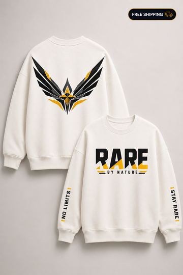 Two off-white crewneck sweatshirts shown on a light gray background, displaying the front and back designs. The back features a large black and yellow winged logo, while the front has 'RARE BY NATURE' printed across the chest and sleeve text reading 'NO LIMITS' and 'STAY RARE!'.