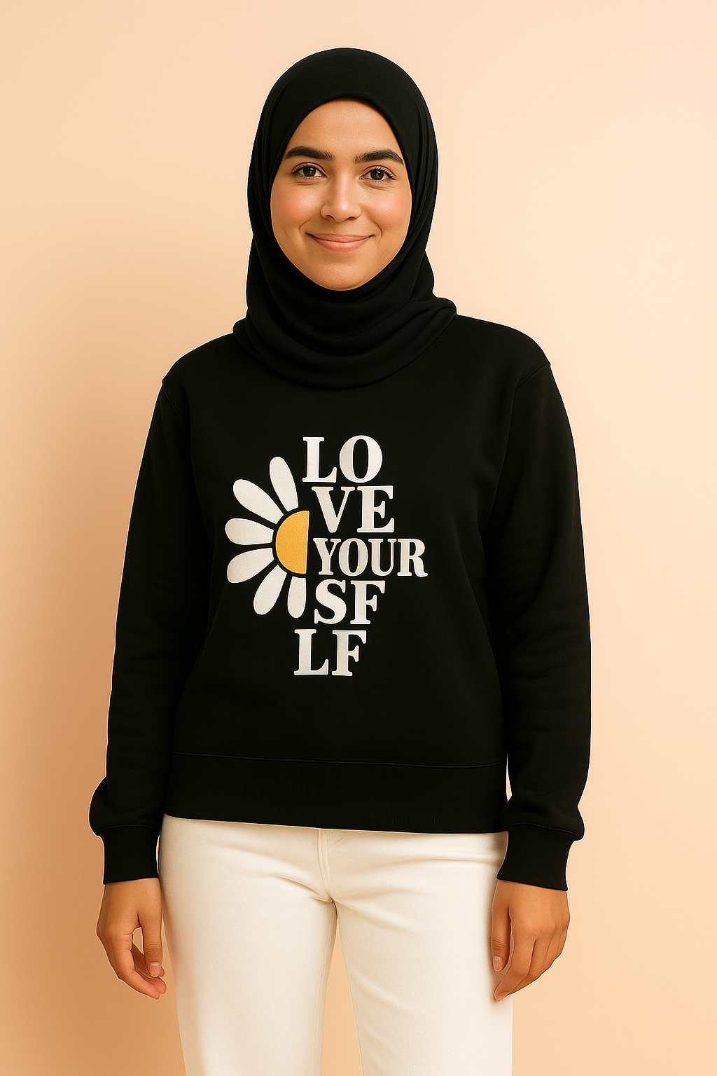 Person wearing a black hoodie with 'Love Your Self' text and daisy graphic on a beige background