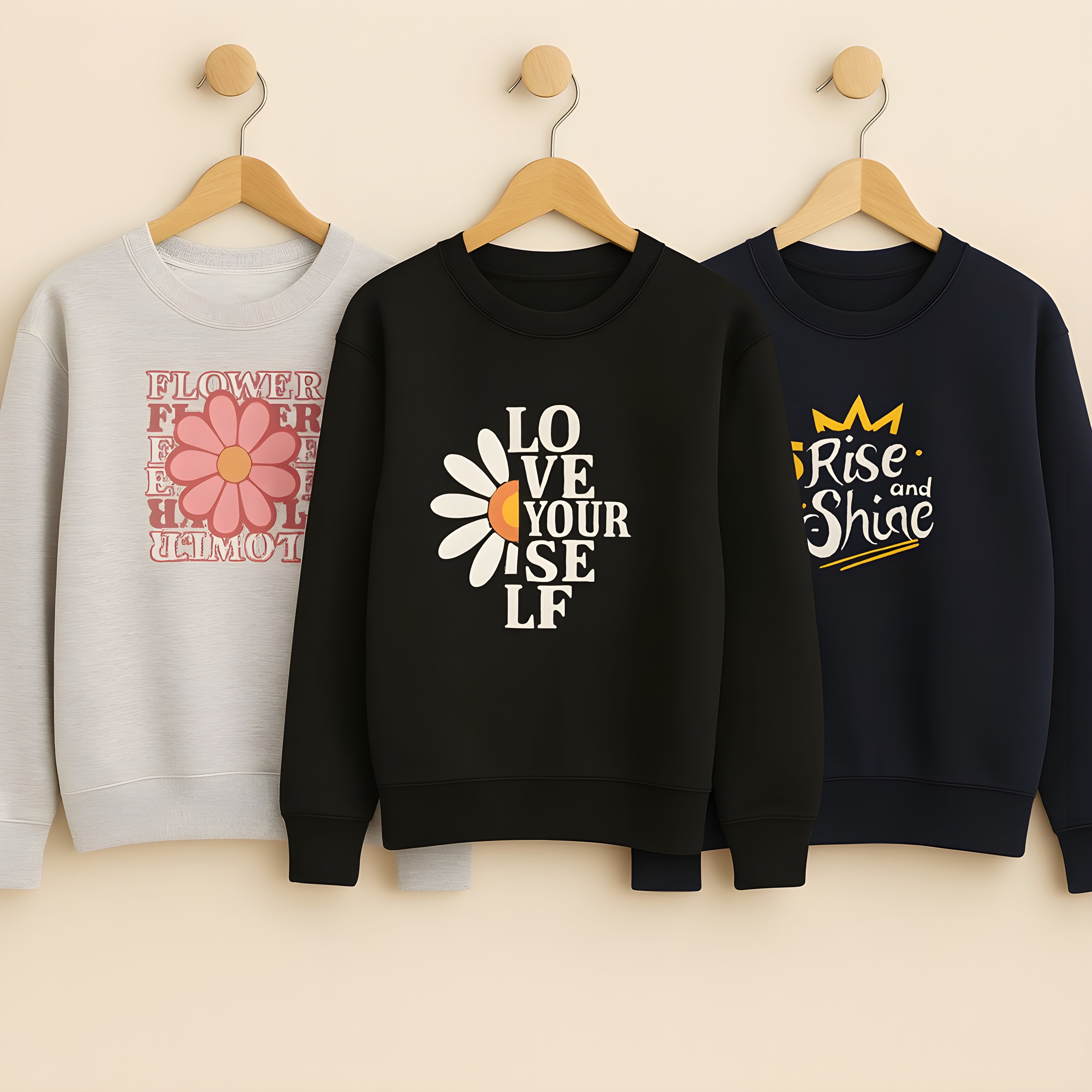 Three sweatshirts with motivational phrases on hangers against a beige wall.