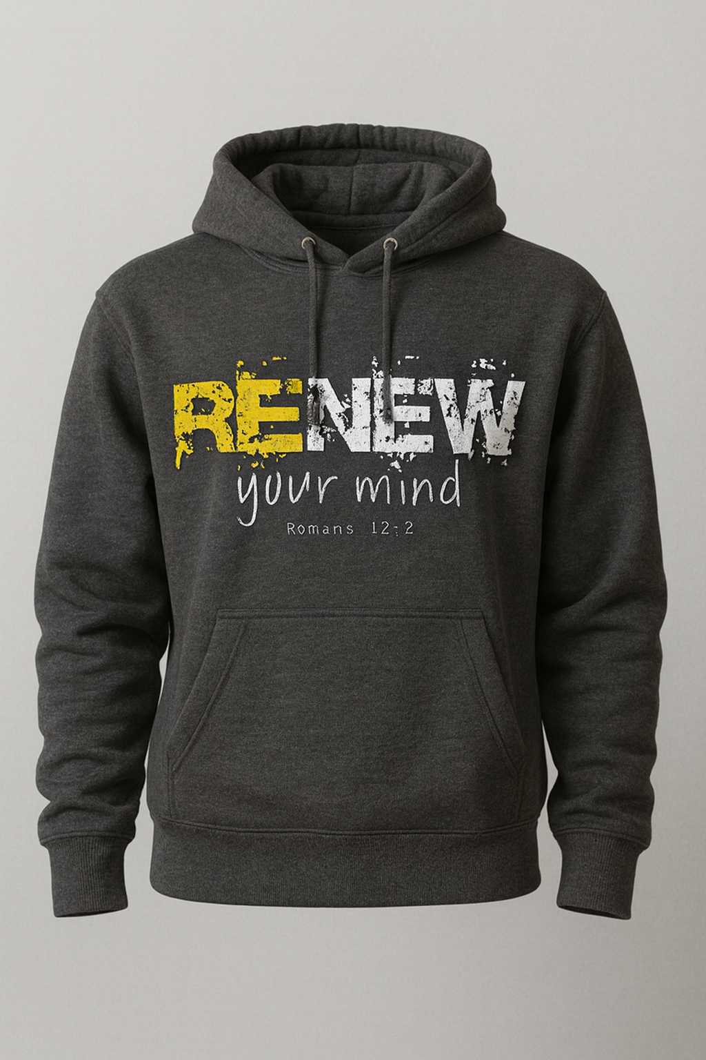 Dark gray hoodie with 'RENEW your mind' text on a light gray background