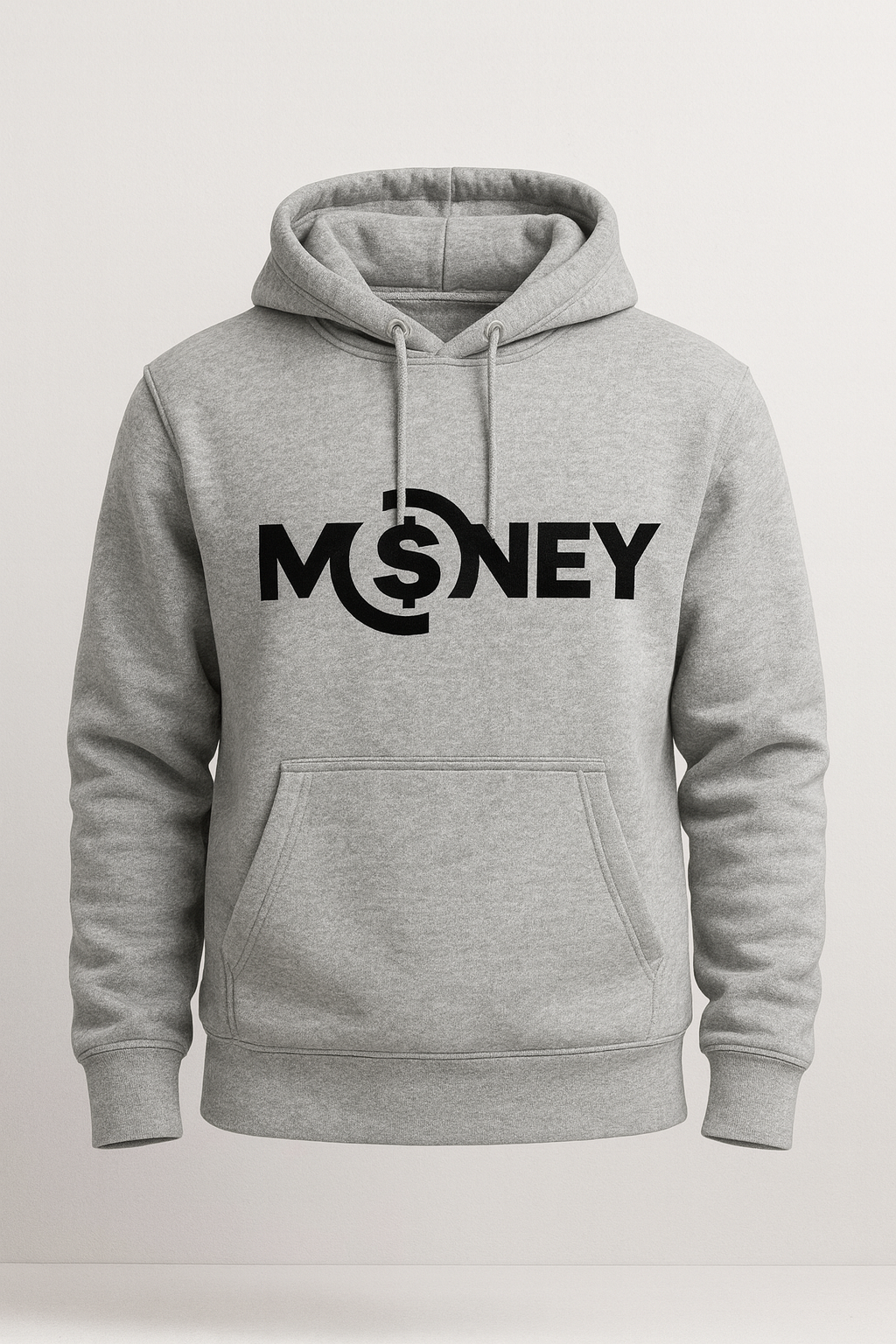 Gray hoodie with black logo on a light gray background