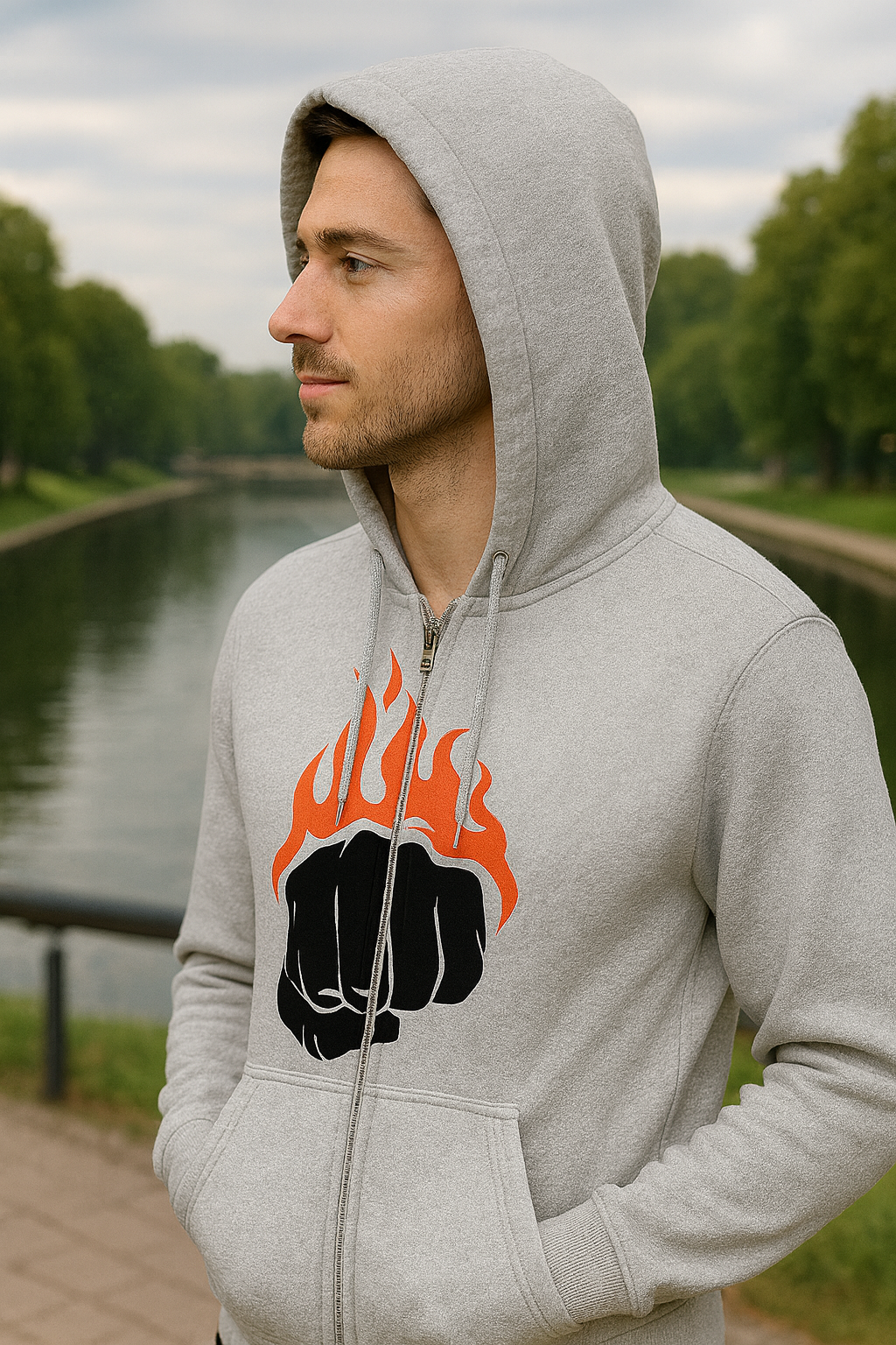 Man wearing a gray hoodie with a flame and fist design outdoors by a river.