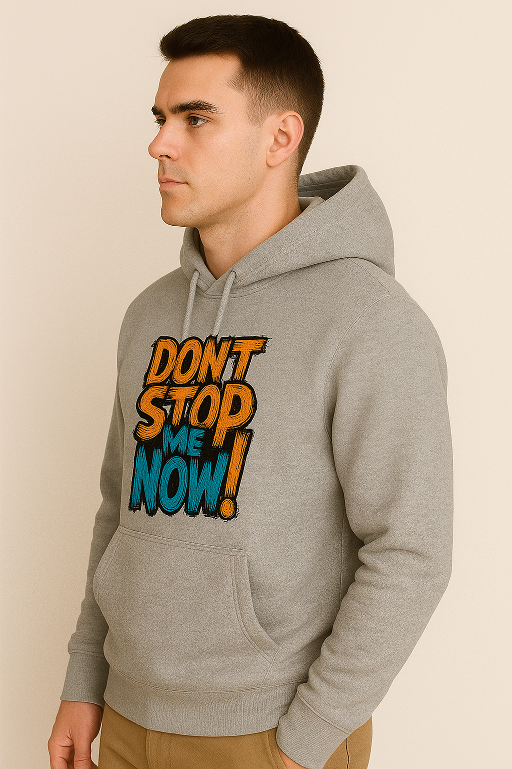 Two men wearing hoodies with text, standing side by side against a plain background.