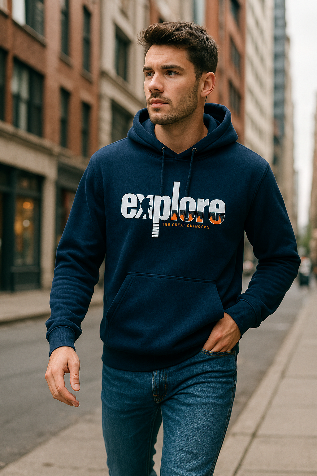 Man wearing a navy hoodie with 'explore' printed on it, standing on a city street.