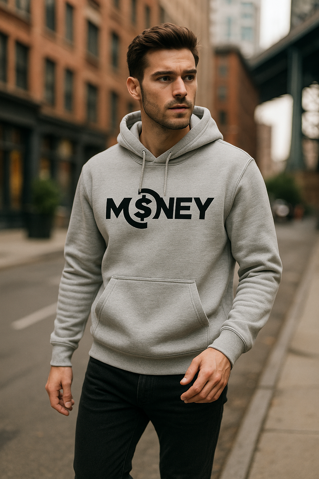 Man wearing a gray hoodie with 'MONEY' printed on it, standing on a city street.
