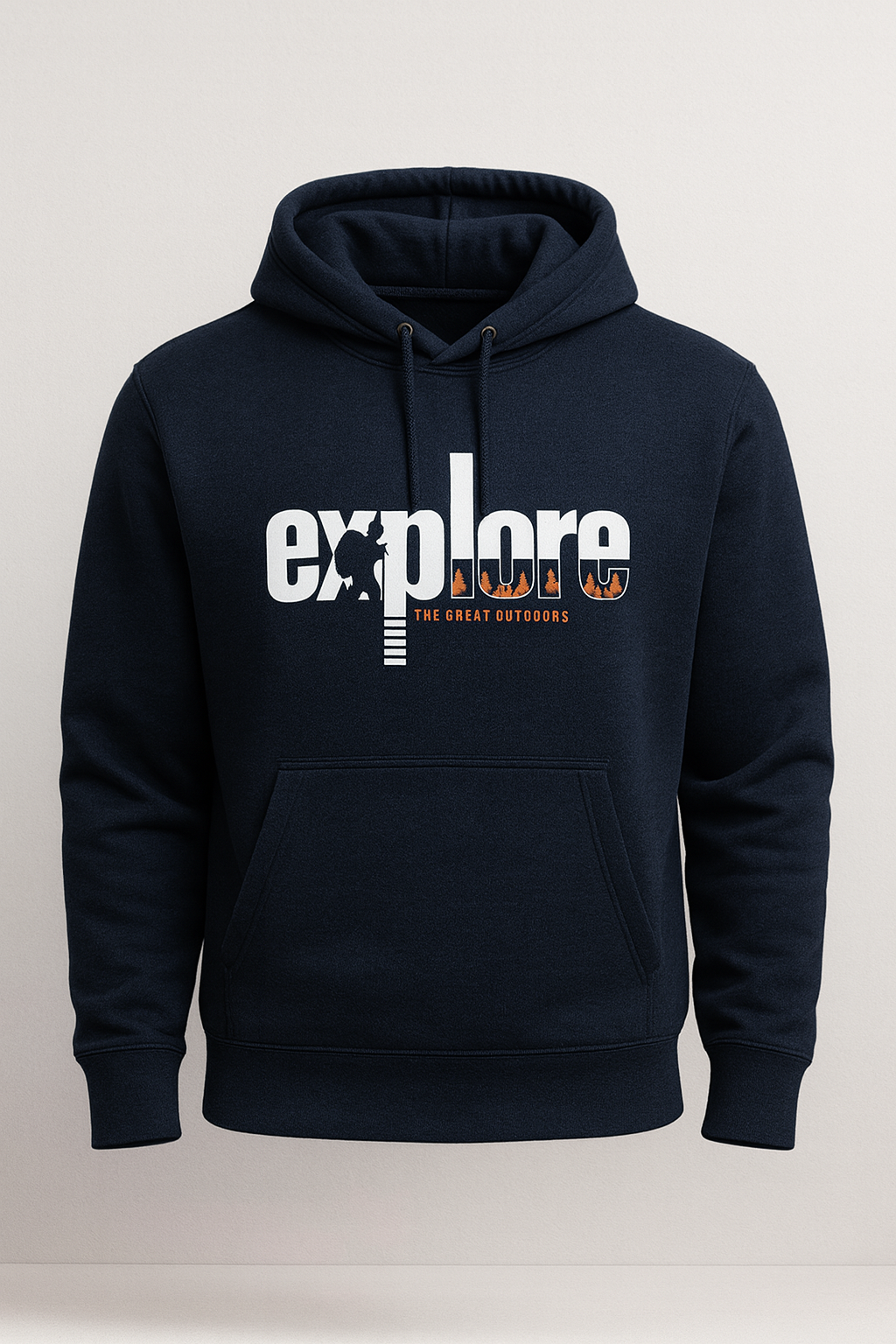 navi blue hoodie with 'explore' text on a light gray background
