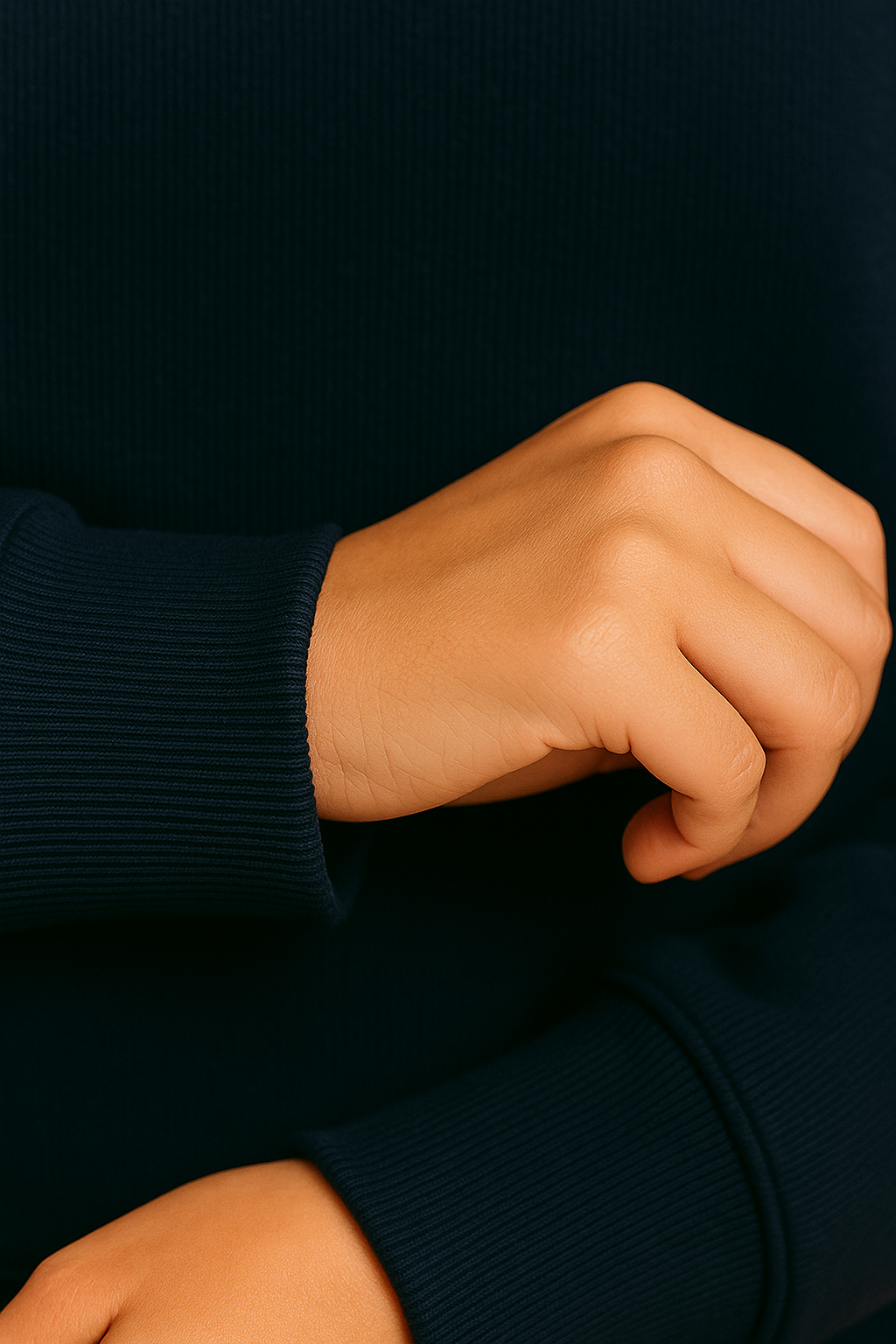 Close-up of a person wearing a dark blue sweater with a visible arm and hand.