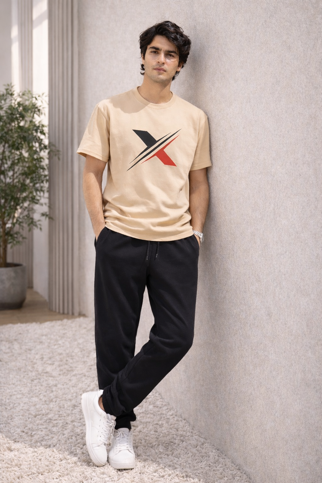 Men’s Beige T-Shirt & Black Trouser Tracksuit Set