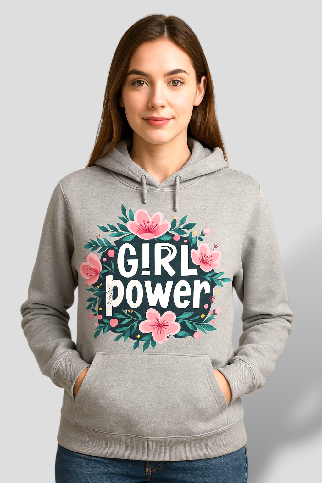 Two people wearing hoodies with 'Girl power' and 'Believe' text on a gray background