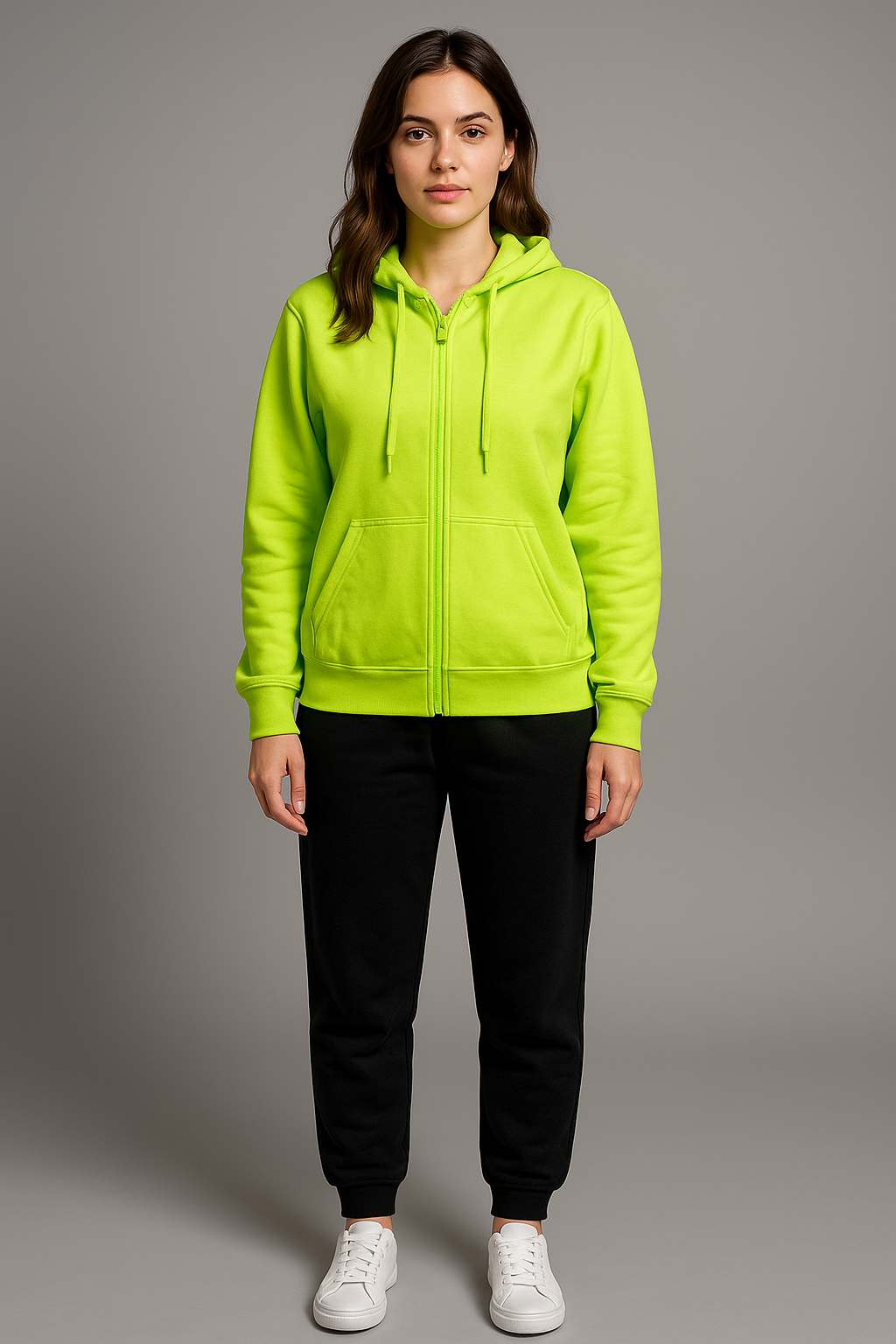Person wearing a bright green hoodie and black pants on a gray background